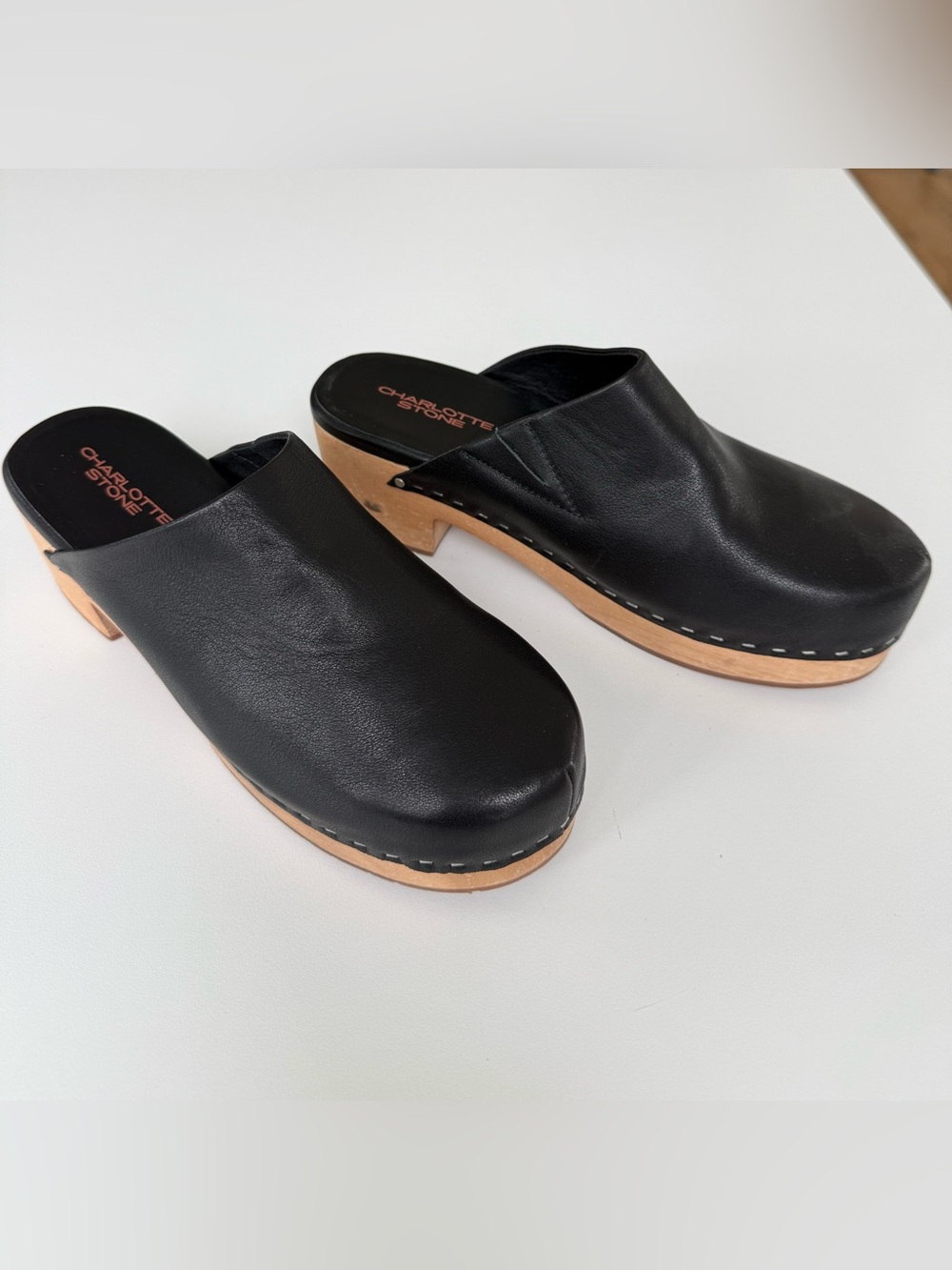 Charlotte Stone Black Leather Clog Mules with Wood Block Heel - Picture 3 of 5